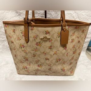 Coach Floral Signature Tote in Cream and Tan Leather